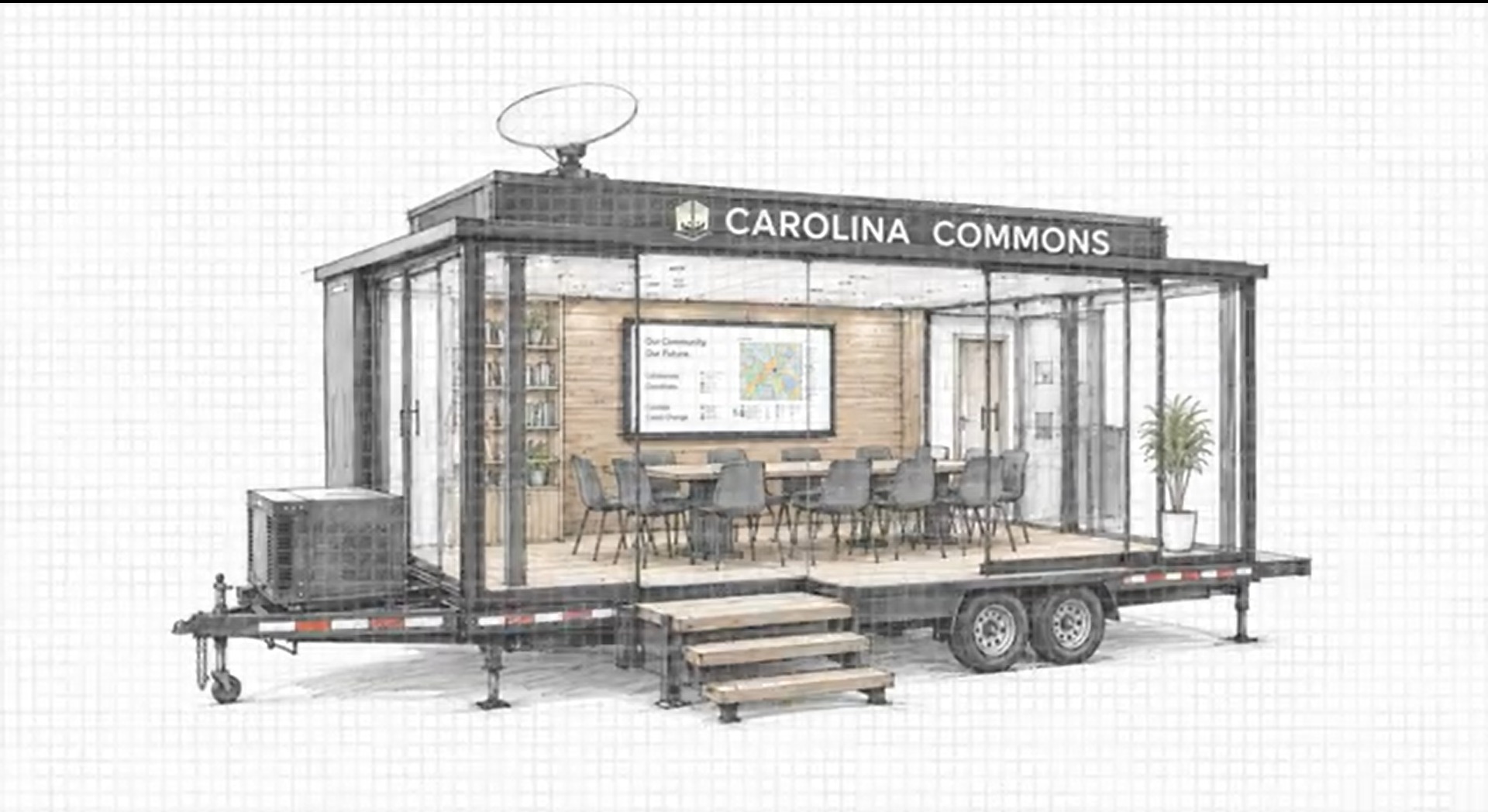 The Commons Table — architectural rendering of the mobile glass-walled conference room
